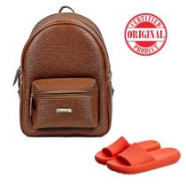 Bolsa Mochila Caramelo Feminina Escolar Faculdade + Chinelo Macio Slide Moderno Tendência Laranjado