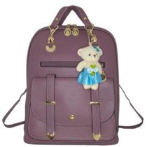 Bolsa Mochila Feminina Com Chaveiro Urso Em Couro Casual - KINGLEEN