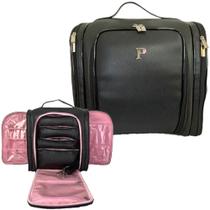 Bolsa Mochila Multiuso Grande com 4 Necessaire Maquiagem Manicure Esmaltes - 01 - PRETO / ROSA