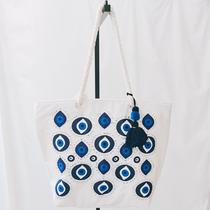 Bolsa Olho Grego bordados manuais com pedrarias, miçangas e perólas, alças estilo corda, zíper