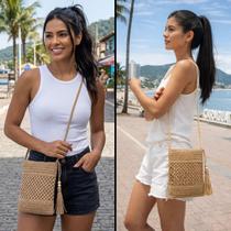 Bolsa Palha Feminina Transversal Boho Chic Leve Artesanal Elegante Útil e Sofisticada Luxo Cor:Bege Claro escuroTamanho