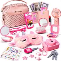 Bolsa para meninas com acessórios, bolsa infantil com maquiagem fingida para meninas inclui ventilador de mão rosa, tatuagens de unicórnio, máscara de dormir para crianças, brinquedos de brincar de princesa fingida para meninas de 3, 4, 5, 6, 7 e 8 anos