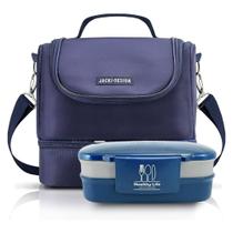 Bolsa Portátil Com Isolamento Térmico Fitness Azul Lisa Com 2 Compartimentos Mais Marmita