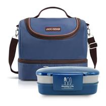 Bolsa Portátil Com Isolamento Térmico Fitness Azul/Marrom Com 2 Compartimentos Mais Marmita