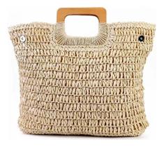 Bolsa Praia Feminina Palha Natural Alça Madeira Transversal Bolsa Praia Feminina Palha Natural Alça Madeira Transversal