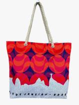 Bolsa Praia Lotus Estampada 47x36cm com Alça de Corda Estampa:Copacabana Azul-Vermelho