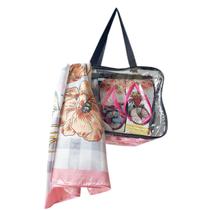 Bolsa Praia PVC Cristal Transparente + Chinelo Decorado + Lenço Cetim Grande Multiuso Bandana = 3 Produtos