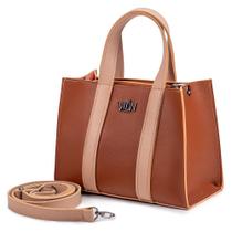 Bolsa Quadrada Handbag Tote Feminina Bicolor Ziper Alça Fixa e Removível Transversal Espaçosa Bolso Interno