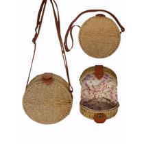 Bolsa Redonda Palha Tiracolo com Alça de Couro Casual Moda Praia BL-198
