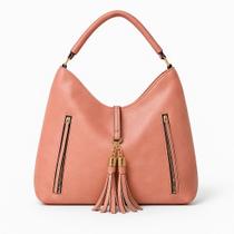 Bolsa Saco Feminina Caramelo Grande material sintético Texturizado com ZÌperes e Pingente Espaçosa e Sofisticada