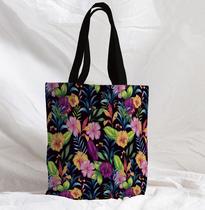 Bolsa Sacola Artesanal de Tecido Flores e Folhas Tropicais Fundo Preto Bolsa Sacola Artesanal de Tecido Flores e Folhas Tropicais Fundo Preto