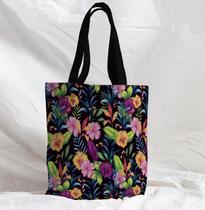 Bolsa Sacola Artesanal de Tecido Flores e Folhas Tropicais Fundo Preto