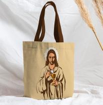Bolsa Sacola Artesanal de Tecido Jesus cálice bege