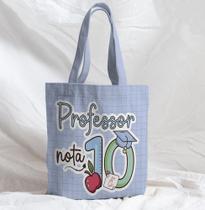 Bolsa Sacola Artesanal de Tecido Professor Nota 10 Linhas e Fundo Azul