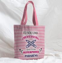 Bolsa Sacola Artesanal de Tecido Professora Escola Listrado Rosa