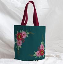 Bolsa Sacola Artesanal de Tecido Verde Flores Marsala