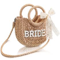 Bolsa tecida à mão Straw Bride Pinkunn Mrs Rhinestone Letter Bolsa tecida à mão Straw Bride Pinkunn Mrs Rhinestone Letter