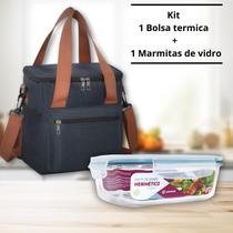 Bolsa Térmica 3 Compartimentos com Marmita de Vidro 640 ML Kit 2 Peças