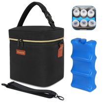 Bolsa térmica de leite materno Mancro com bolsa de gelo, serve para 6 mamadeiras isoladas de até 9 onças, refrigerador de leite materno para viagem com alça, bolsa de armazenamento de mamadeiras para creche para mães que amamentam, preta