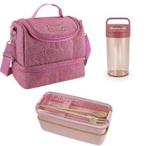 Bolsa Térmica Rosa C/ Marmita Ecológica 750 Ml E Copo Kit