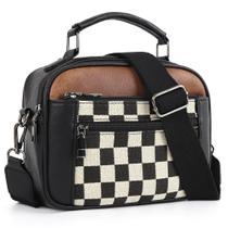 Bolsa tiracolo de couro xadrez xadrez preta A02