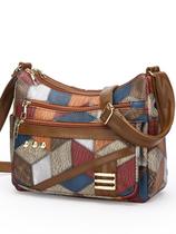 Bolsa tiracolo feminina em PU Patchwork com vários bolsos 26x10x21cm