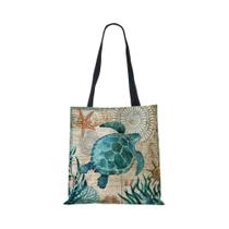 Bolsa Tote De Linho Ecológico Para Mulheres Com Estampa De Cavalo-Marinho, Tartaruga E Polvo, Bolsa Bolsa Tote De Linho Ecológico Para Mulheres Com Estampa De Cavalo-Marinho, Tartaruga E Polvo, Bolsa