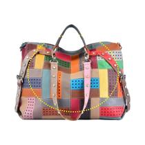 Bolsa Tote Feminina de Couro Genuíno - Grande Capacidade com Listras Coloridas