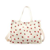 Bolsa Tote Feminina De Grande Capacidade Em Tecido Com Estampa De Morango E Alça Ajustável