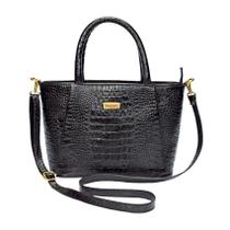Bolsa Tote Preta Couro Legítimo Feminina Transversal Tiracolo Madamix