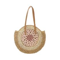 Bolsa Tote Redonda Grande Casual Com Fecho De Zíper, Bolsa De Praia Trançada Para Mulheres E Meninas