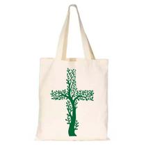 Bolsa Tote Sacola Ecobag Estampa Cruz Arvore da Vida Verde Catolico Alça Entrelaçada de Qualidade