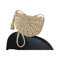 Bolsa Transversal Feminina De Palha Artesanal Em Semicírculo Com Design De Franjas Para Viagem E