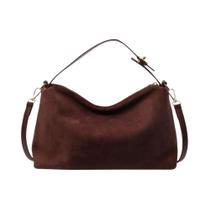 Bolsa Transversal Feminina Grande Boston Em Couro Camurça Macio Fosco Marrom Cinza Para Outono