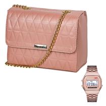 Bolsa Transversal Feminina Metalassê Alça com Corrente Rosa + Relógio Digital Aço Inoxidável