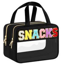 Bolsas de maquiagem Chenille Letter Clear, bolsa de lanches para viagens, bolsa de cosméticos de nylon Preppy Patch com alças e zíper, bolsa de higiene de viagem grande e transparente à prova d'água, bolsa de armazenamento para mulheres negras