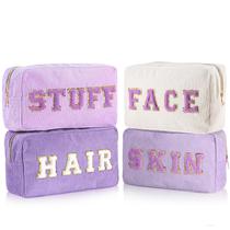 Bolsas de maquiagem Pinkunn Preppy Chenille Letter 4 peças roxas
