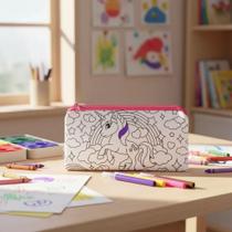 Bolsinha Estojo com 4 Canetinhas Porta Lápis Infantil Bolsa Lavável de Colorir Unicórnio Divertido