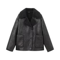 Bolso decoração único breasted casaco quente outono/inverno gola de lã manga longa casaco feminino