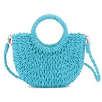 Bolso QTKJ Mini Semicírculo de Rattán y Paja para Mujer Azul