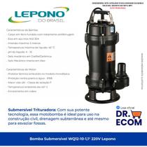 Bomba De Água Submersível Trituradora 220v 1,5cv Lepono Wq12101.1 Imersão Max 5m Indicada P Drenagem De Água Suja Em Fossas Porões Lagos E Aplicaçõe Bomba De Água Submersível Trituradora 220v 1,5cv Lepono Wq12101.1 Imersão Max 5m Indicada P Drenagem De Água Suja Em Fossas Porões Lagos E Aplicaçõe