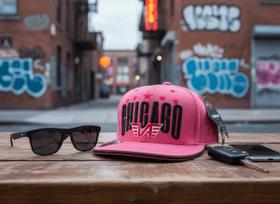 Boné Aba Reta Rosa-Choque Pink Preto Chicago Logo Asas Masculino Feminino Ajustável Boné Aba Reta Rosa-Choque Pink Preto Chicago Logo Asas Masculino Feminino Ajustável