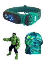 Bone ,boneco e relogio digital infantil a prova d agua do hulk , super kit para seu