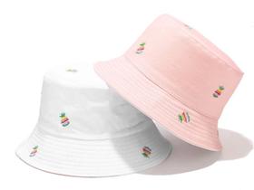 Bone Chapeu Bucket Hat Dupla Face Abacaxi Balde Rosa Branco