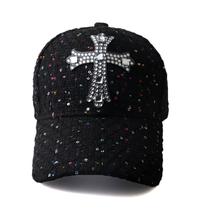 Boné de beisebol, chapéu liso de algodão com remendo cruzado de strass