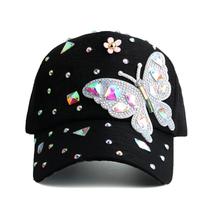 Boné de beisebol com decoração de borboleta de strass de algodão Boné de beisebol com decoração de borboleta de strass de algodão
