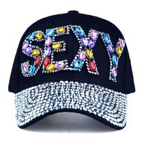 Boné de beisebol com design de letras de strass de algodão para adultos