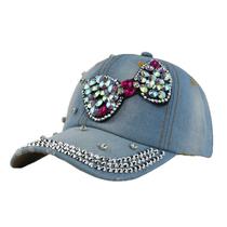 Boné de beisebol, jeans, algodão, strass, decoração de laço feminino