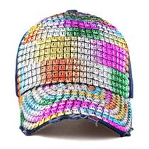 Boné de beisebol jeans com grade de strass arco-íris para adultos