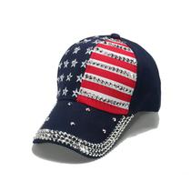 Boné de beisebol, poliéster, estilo jeans, bandeira com decoração de strass